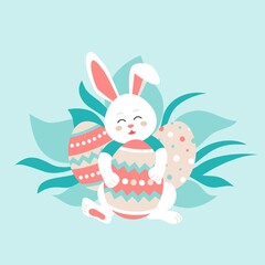 Cute bunny with Easter eggs. Happy Easter. Vector background with colorful easter egg and easter bunny. Illustration for holiday design, poster, prints, banner