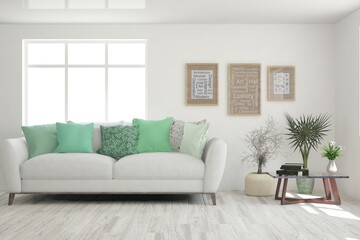 Fototapeta premium White living room with sofa. Scandinavian interior design. 3D illustration