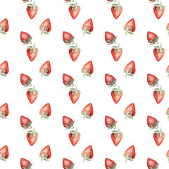 Seamless pattern with strawberries on white isolated background. Watercolor illustration. Design for fabric, wrapping paper, home decor, wallpapers. Farmhouse, cottage, vintage and retro styles.