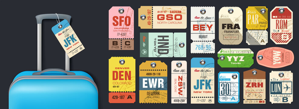 Big set or Retro travel luggage labels, airline tags and baggage tickets. Collection vintage luggage tags.