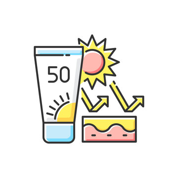 recommend clip art: Skin protection RGB color icon. Sunscreen with SPF. Prevent sun burning. Safe tanning. Sunblock for summer. Cosmetic product, dermatological care. Cancer prevention. Isolated vector illustration