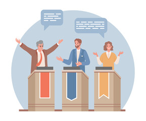 Three politicians discussing at tribunes vector flat illustration. Men and woman debate, opposing parties talking on public demonstrations. Pre election campaign, elections concept.