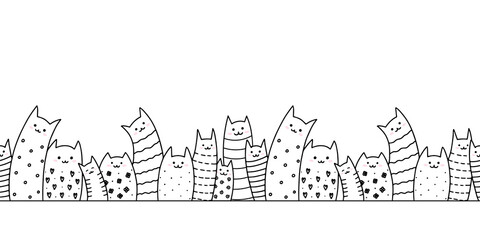 Outline doodle Funny Cats Family seamless border. Horizontal vector pattern. Cute different kittens sitting in a row. Сartoon animal, pets. Hand drawn texture for kid print, wear, textile, footer