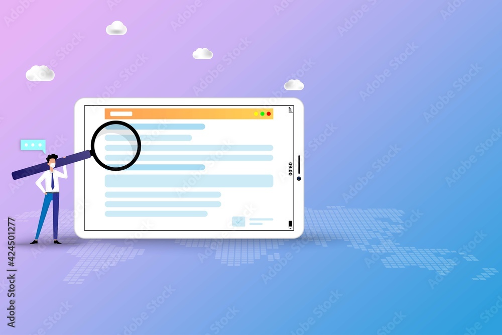 Aufkleber online application concept, young man is searching in the internet by using tablet to find a course 