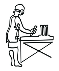 One line drawing of female scientist.
One continuous line drawing of doctor holding test tubes.