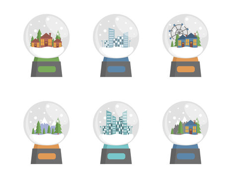 Set of glass snow globes with city landscape, villages, forest, buildings vector flat illustration. Glass spheres with snowflakes, souvenirs from trips, home decorations, toys concept.