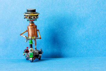 Funny steampunk robotic biker drives an electric scooter. Eco-friendly transport of the future. Blue background, copy space.
