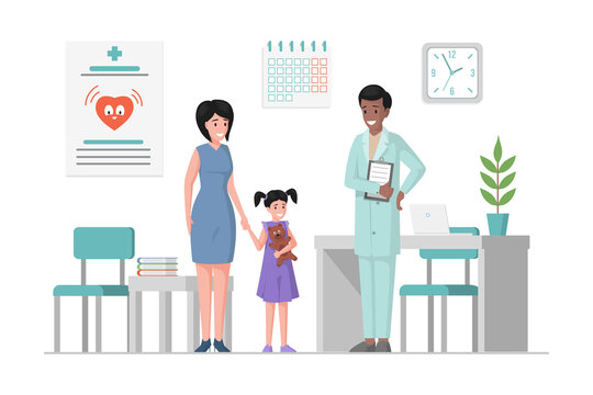 Mother and daughter at a doctor appointment vector flat cartoon illustration. Pediatrician consulting young woman and girl about health and immunity protection. Hospital, medicine clinic concept.