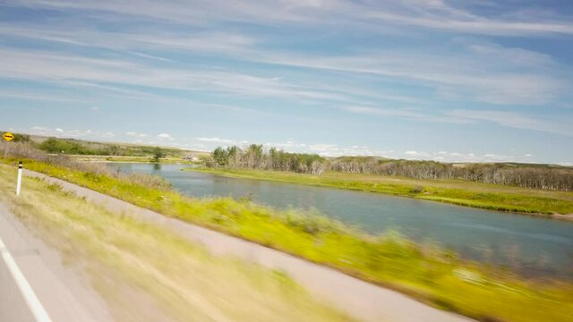 WATERTON, AB, CANADA - JULY 2019: Smooth & cinematic gimbal driving views of Waterton National Park