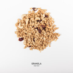 flat lay of granola with nuts,cranberry and raisins on the white background