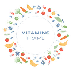 Fototapeta na wymiar Vitamins round frame vector flat cartoon illustration. Supplements and minerals for health and active lifestyle. Carrot, apple, pear, tomato, broccoli, and banana with bacteria and microflora.