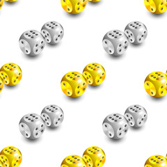 Seamless pattern. 3d happy gold and platinum spherical dice staggered symmetrically with shadows on white background