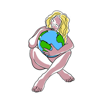 Happy Earth Day illustration. A woman embraces the planet Earth, protecting it from adversity. Vector line drawing for postcard design, web banner, poster.