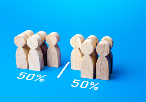 The Group Of People Is Divided Equally By Line. Visualization Of Statistical Data. 50% Of 100%. Dividing People Into Two Groups On Different Issues. Polls Test Results. Equality In Numbers