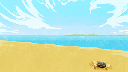 Fototapeta na wymiar 海辺のカニのいる砂浜の風景イラスト