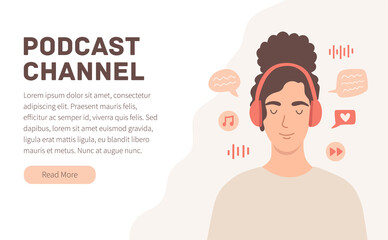 Cartoon template with podcast landing. Female character listening podcast or music show. Online broadcast recording banner. Woman with headphones. Vector web page in flat style