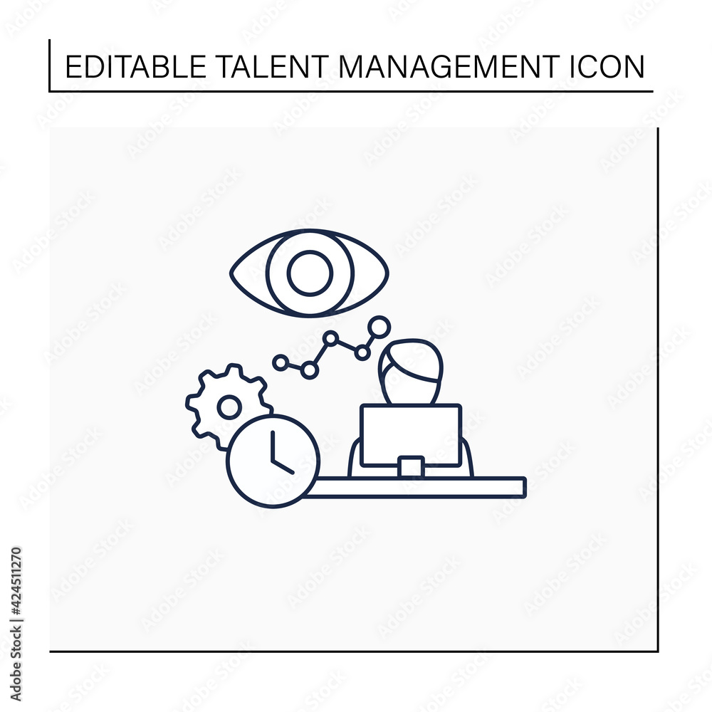 Poster performance monitoring line icon. employees productivity reviews. observation statistics through lap