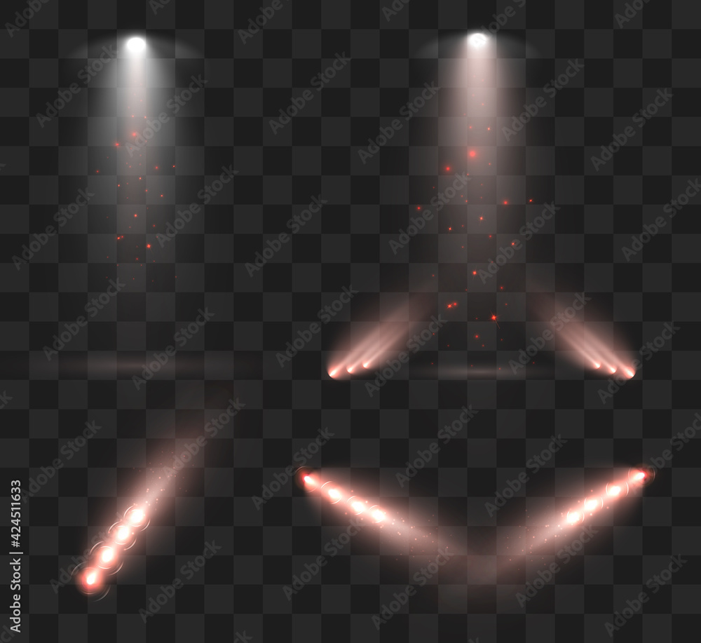 Poster Spotlights set isolated on transparent background. Vector glowing light effect with golden rays and lens flares.	