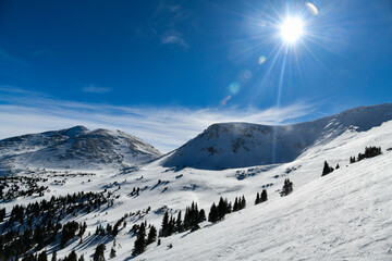 Panoramic view to the mountains at Breckenridge Ski resort. Extreme winter sports.  Breckenridge, Colorado