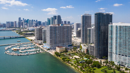 Aerial Edgewater waterfront Margaret Pace Park and Marina Miami Florida Biscayne  - obrazy, fototapety, plakaty