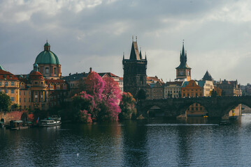 Fototapeta na wymiar beautiful view of the Charles Bridge in the spring from the side