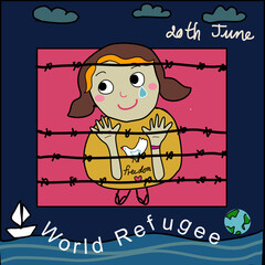 refugee kids trying to reach outside world behind the barbed wire fence. for world refugee day on 20th June hand drawn cartoon vector 