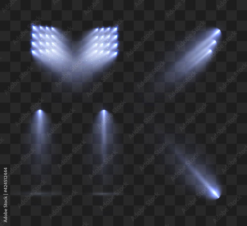Poster Spotlights set isolated on transparent background. Vector glowing light effect with golden rays and lens flares.	