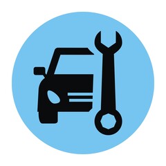 car service, banner,motor car and tool, black icon on blue circle frame,