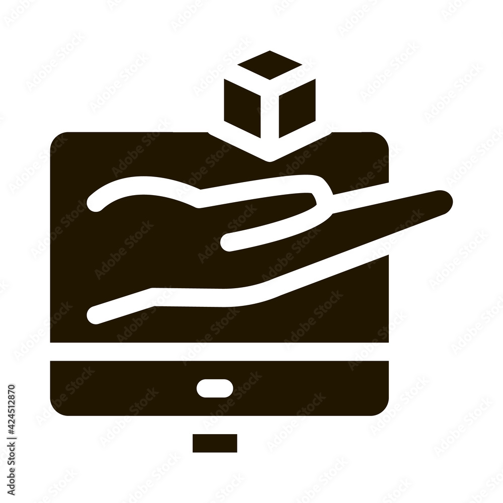 Poster hand hold cube computer screen glyph icon vector. hand hold cube computer screen sign. isolated symb