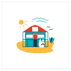 Beach hut flat icon. Wooden comfortable house on beach. Surfboards. Relaxing place. Rest concept. Vector illustration