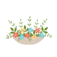 Garden flowers in creative flower beds. Bouquet isolated on white, cute vector illustration.