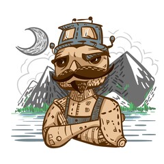 character man with mustache and beard on the background of mountains