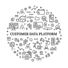 Customer data platform circle poster. Consists of real-time data, behavioral, marketing companies etc. Client data concepts.Isolated vector template