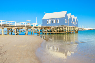 Busselton, Australia - Jan 1, 2018: Busselton Jetty in Busselton Beach, WA, reflected on the sea. At 1841 metres, the jetty is said to be the longest wooden structure in the southern hemisphere.