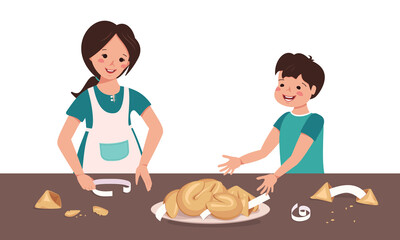 Cheerful children eat Chinese fortune cookies. The girl and the boy take festive sweets from the plate. Vector illustration