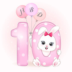 Cute little Rabbit birthday party with number 10, greeting card illustration