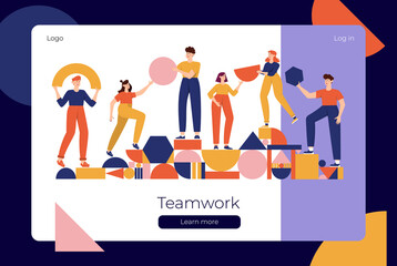 Teamwork, coworking, business partnership concept flat illustration. Characters with abstract geometrical shapes landing page design. Diverse people working together. People organize geometric figures