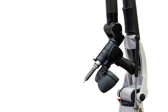 Portable gun scan or handheld 3d laser scan with touch probe instrument of high technology and modern for measuring or reverse engineering industrial manufacture isolated with clipping path