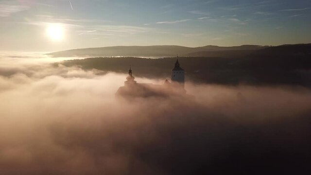 Cinematic aerial drone footage of the charming historical quaint old medieval European Burg Forchtenstein Castle in Burgenland Austria