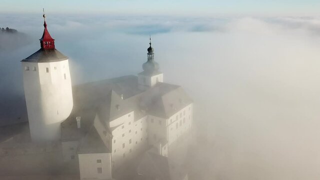 Cinematic aerial drone footage of the quint medieval European Burg Forchtenstein Castle in Burgenland Austria