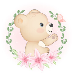 Cute Bear and flora frame cartoon animal watercolor illustration