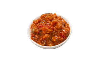 Vegetable stew in a bowl isolated on white background.