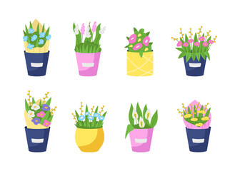 Bouquets in vases flat color vector object set. Flower shop, romantic gift for delivery. Floral arrangements isolated cartoon illustration for web graphic design and animation collection