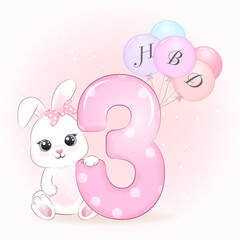 Cute little Rabbit birthday party with number, greeting card illustration