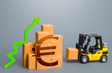 Forklift and stack of boxes with euro symbol and green up arrow. Sales growth concept. Production,...