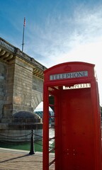 Lake Havasu City, Arizona: An iconic English red phone booth and the London Bridge. The bridge was purchased from London and reconstructed in Arizona in 1971 to bring tourism to the area. 