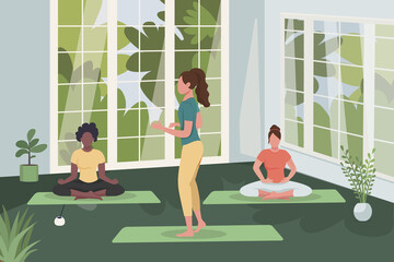 Meditation class flat color vector illustration. Practice mindfulness and spirituality. Relaxation technique. Woman in yoga class 2D cartoon characters with studio interior with windows on background