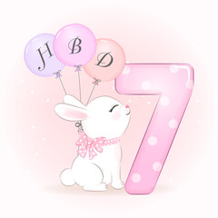 Cute little Rabbit birthday party with number, greeting card illustration