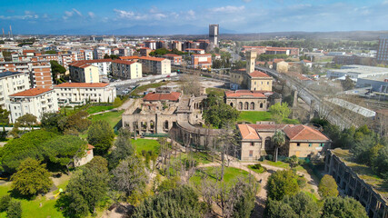 Fototapeta na wymiar Aerial view of ancient thermal springs in Livorno, Tuscany. Fonti del Corallo