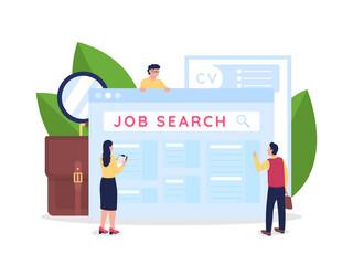 Searching for employment opportunities flat concept vector illustration. Seeking job. Vacancies online. Unemployed 2D cartoon characters for web design. Jobless people creative idea